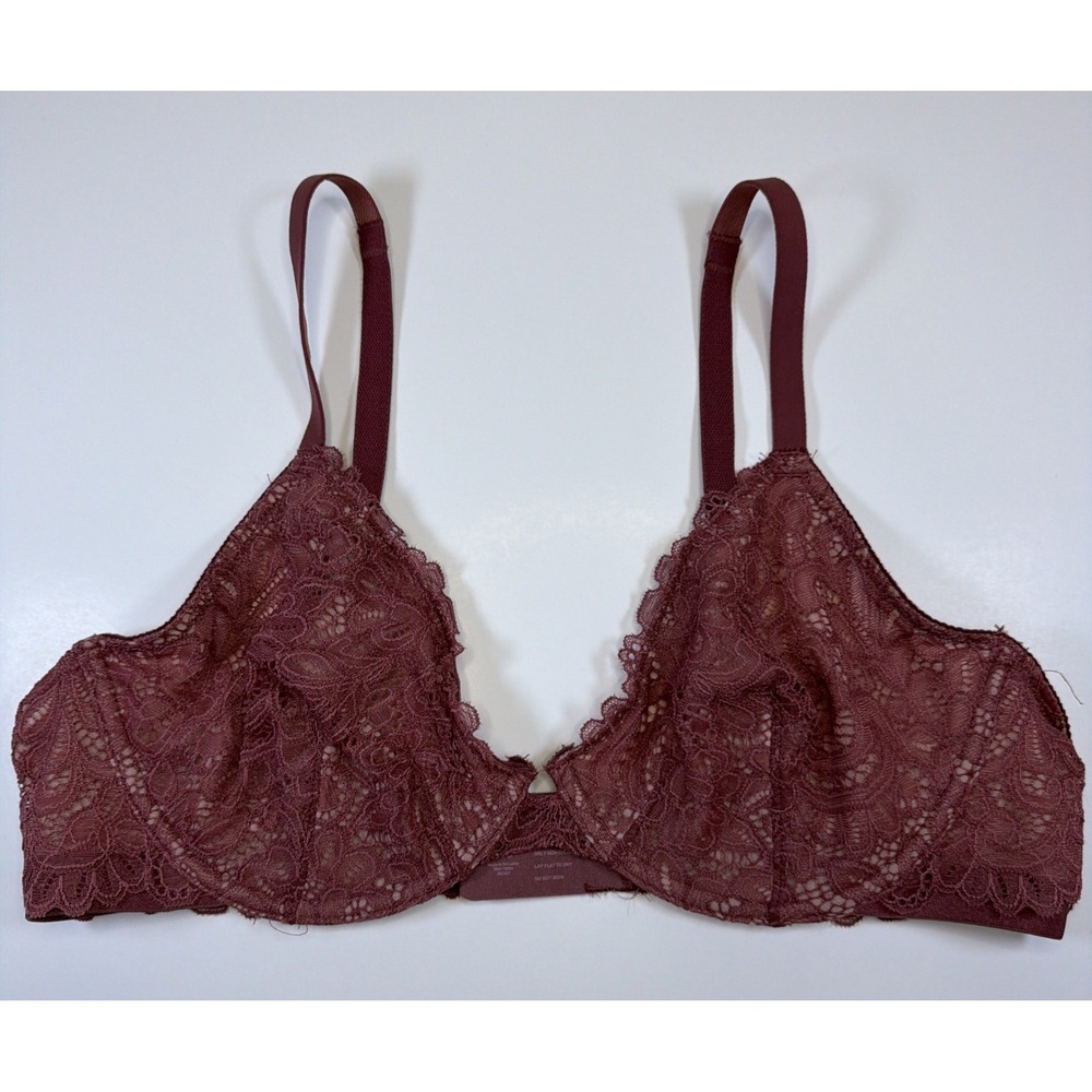 Soma Unlined Plunge Bra 38C Maroon Lace Underwire Sheer Floral Adjustable Straps